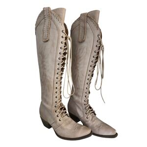Wilder Women Distressed Ivory Leather Tall Lace Up Western Boots Size 11